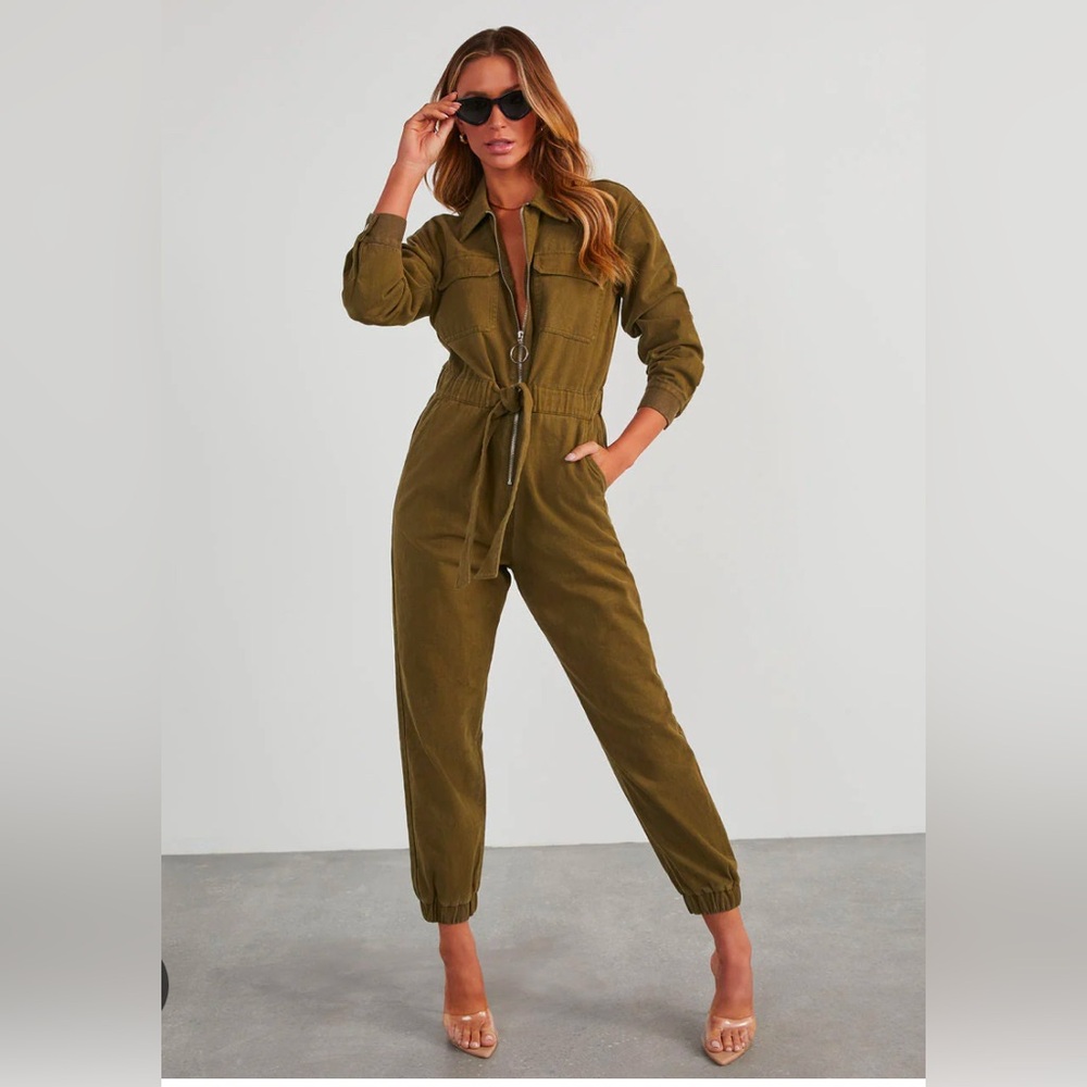 Vici Rinko Tie Waist Jumpsuit in Olive